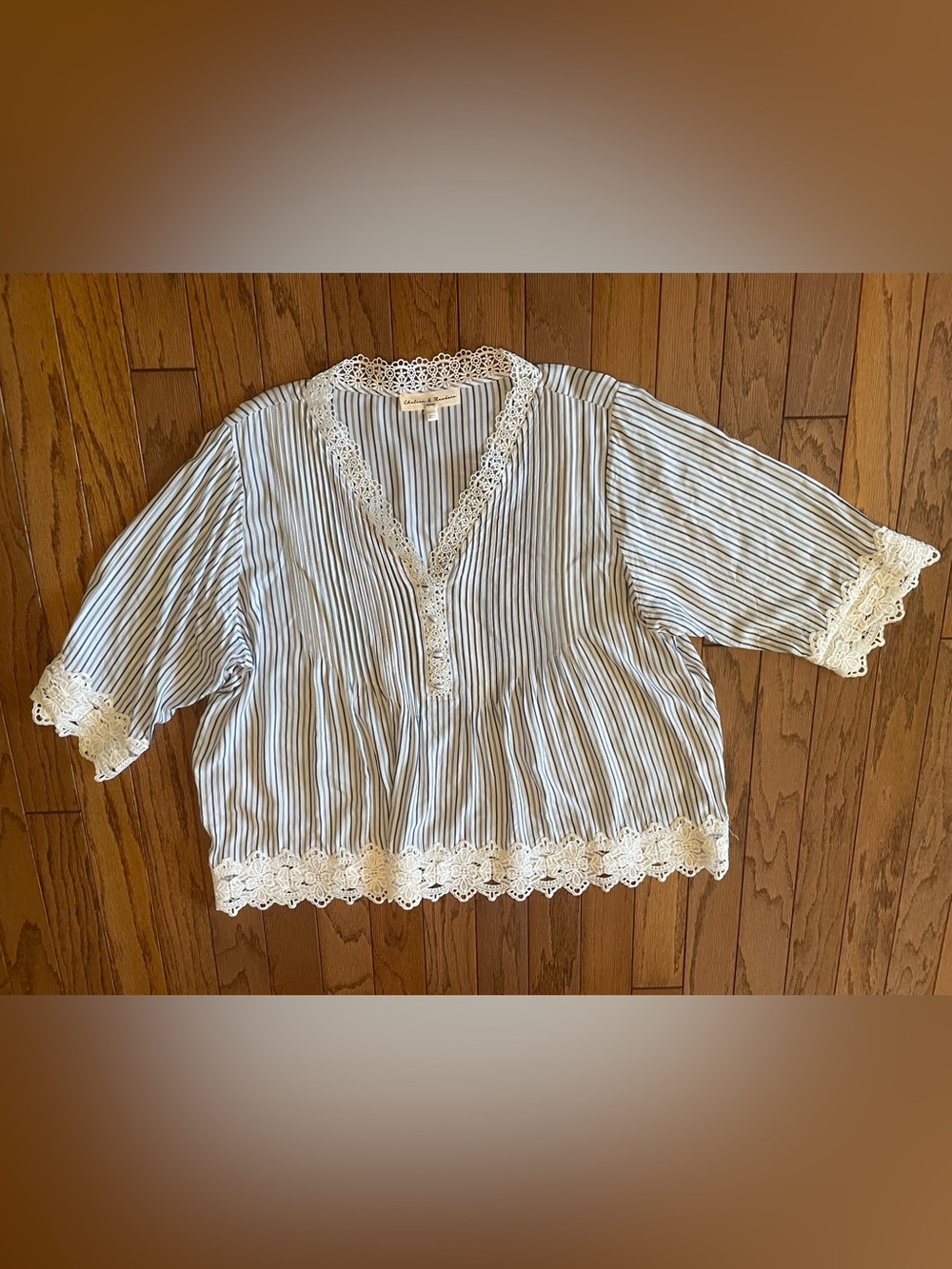 Chelsea & Theodore Striped Lace Trim Pintuck Tunic Blouse 3X